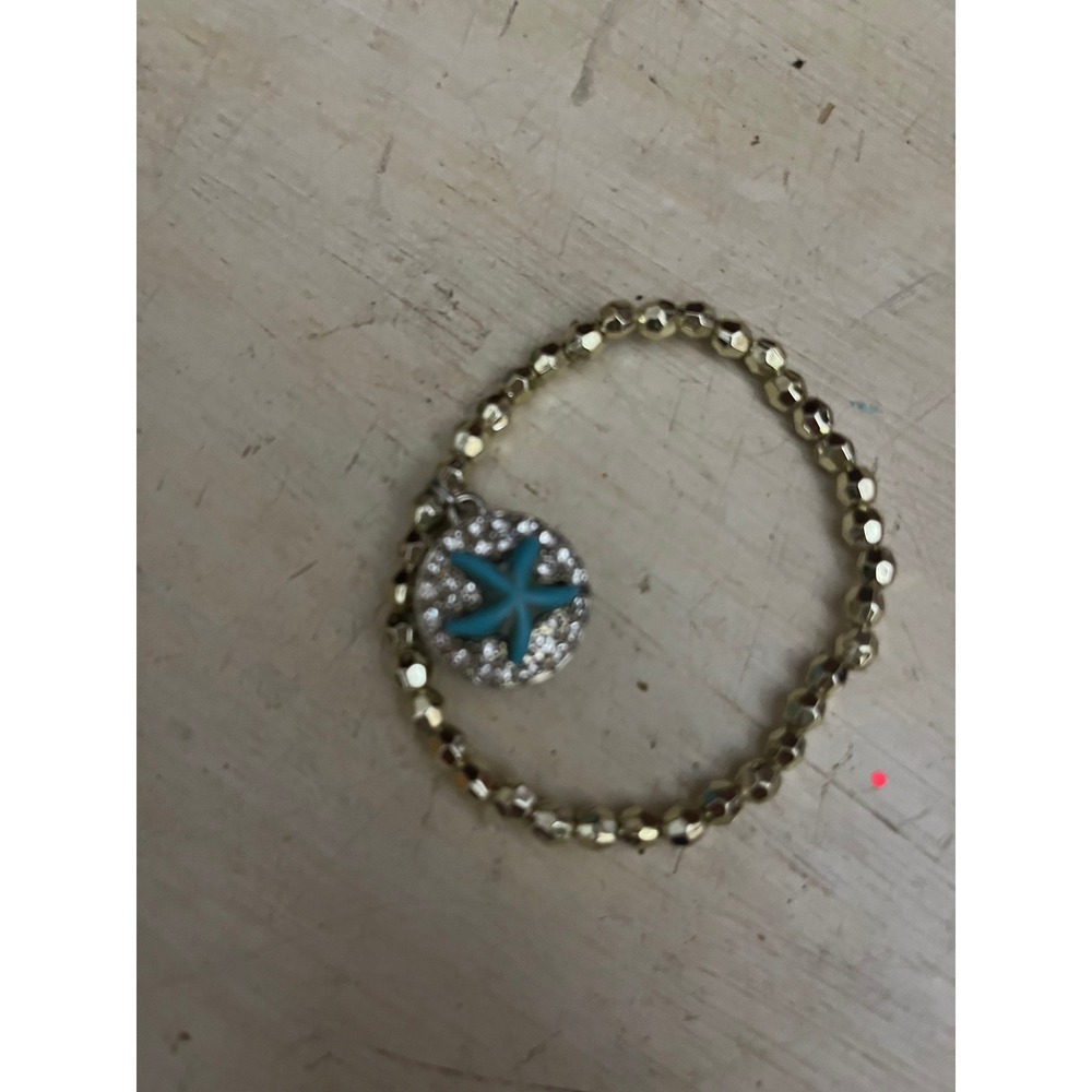 Gold Beaded Stretchy‎ Bracelet Blue Turquoise Starfish Charm Rhinestone